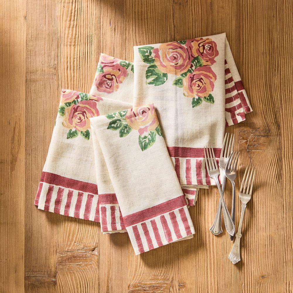 Block Print Rose Stripe Napkins, Set of 4
