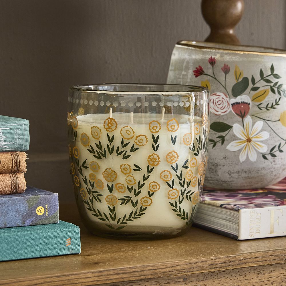 Hand-Painted Etched Glass Marigold Candle