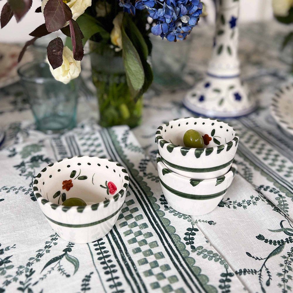 Hand-Painted Floral Ceramic Olive Bowls, Set of 4