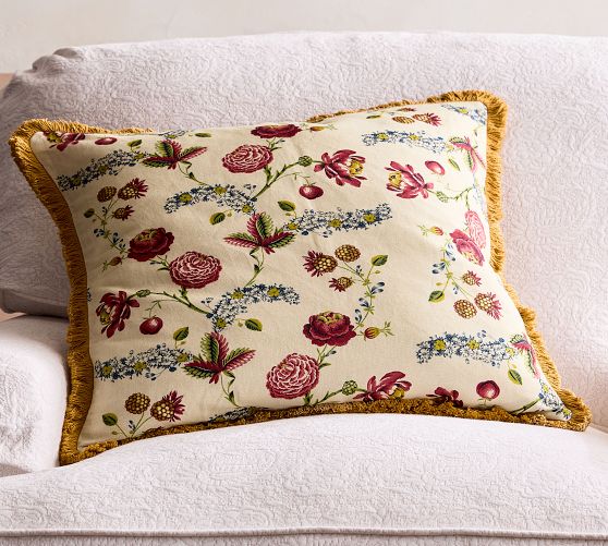 Floral Printed Pillow Cover with Cotton Fringe