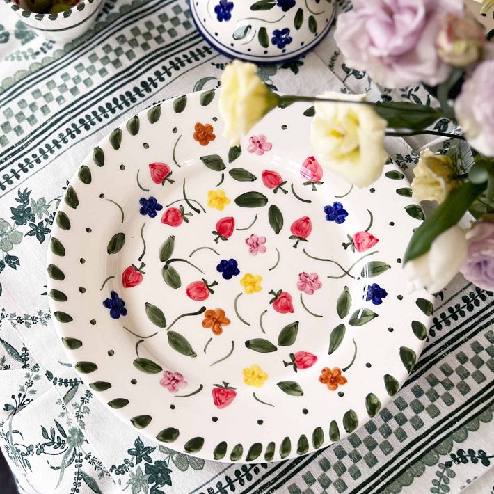 Hand-Painted Floral Ceramic Dinner Plates, Set of