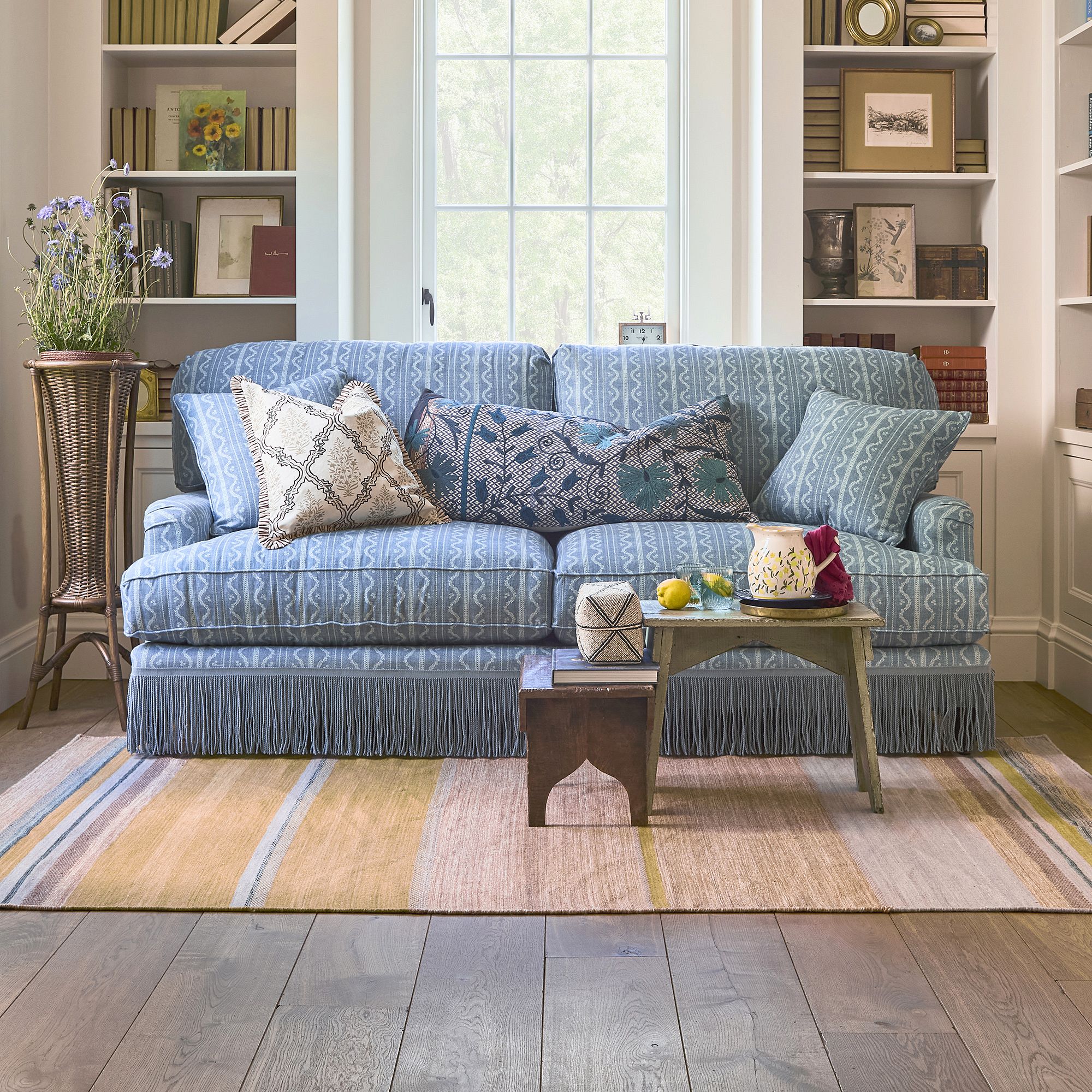 Winnie Upholstered 74in Sofa, Printed Linen, Scallop Floral Indigo with Blue Bullion Fringe, Espresso/Certipur