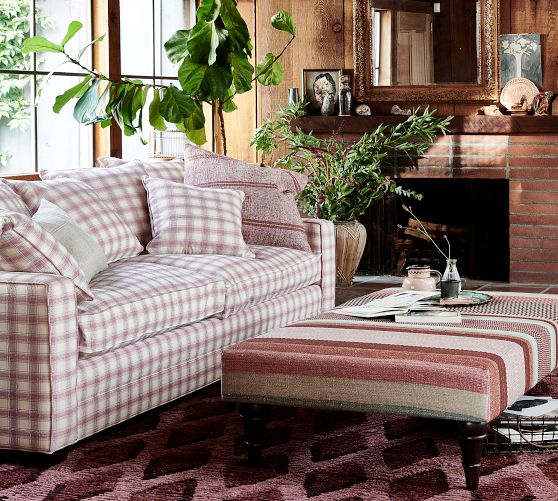 Hadley Piped Square Arm Upholstered XL Sofa, Espresso legs, Certipur fill, Performance Cotton/Poly Pink Plaid
