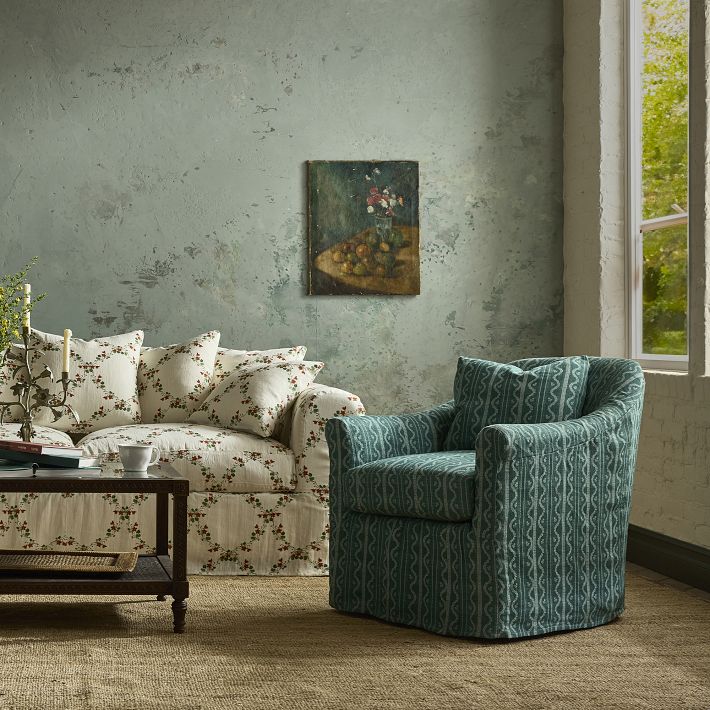 Elodie Slipcovered Emerald Swivel Armchair