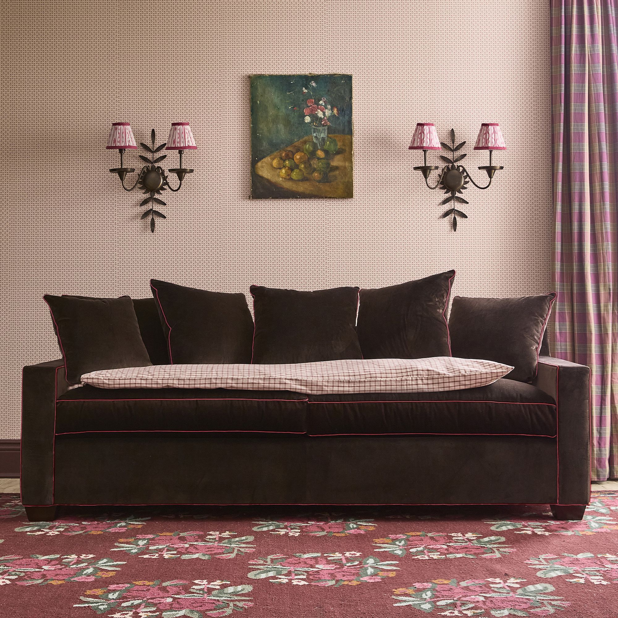 Hadley Piped Square Arm Upholstered 96in XL Sofa, Como Velvet, Brown with Julienne Piping, Mahogany/Down/Feather