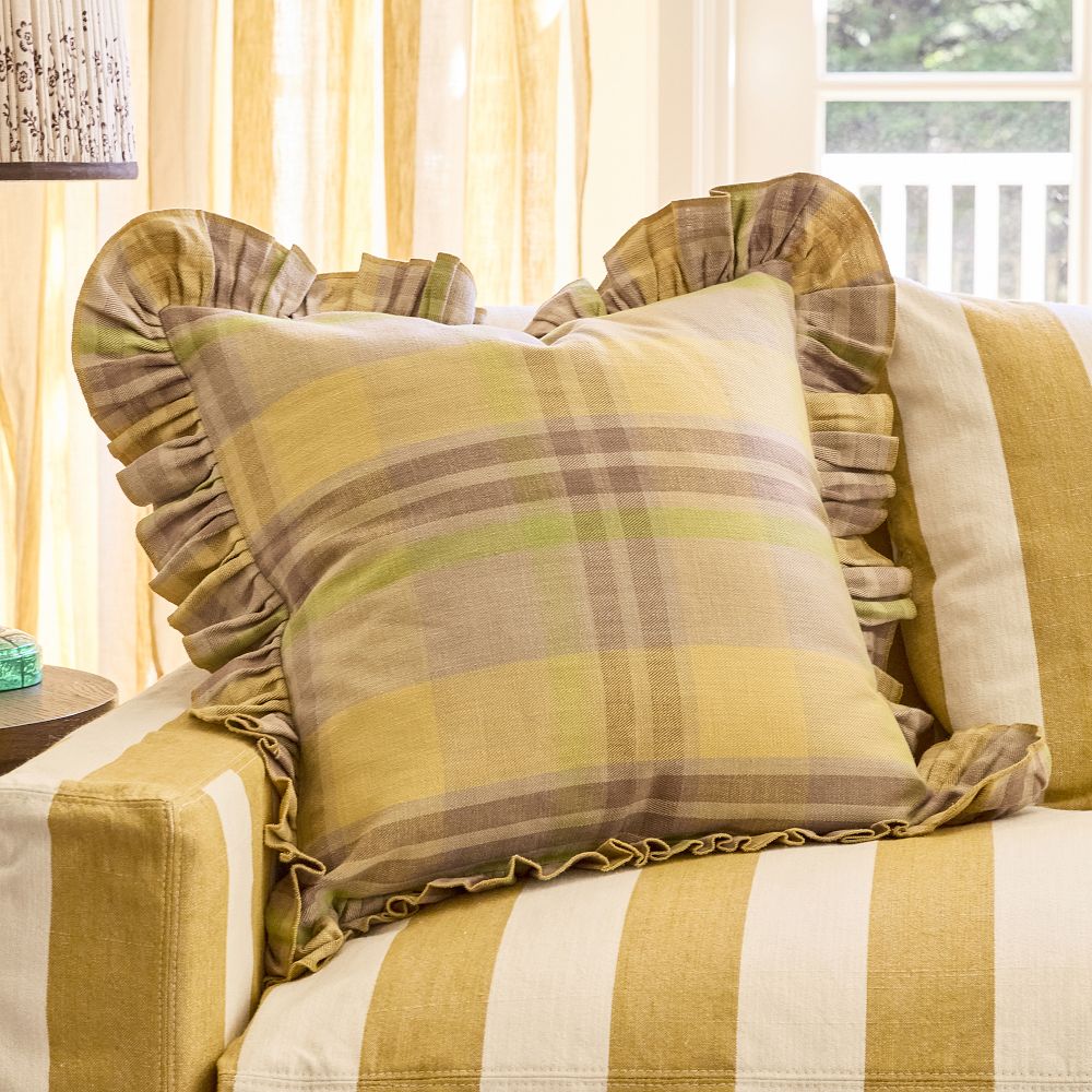 Plaid Ruffle-Trimmed Pillow Cover