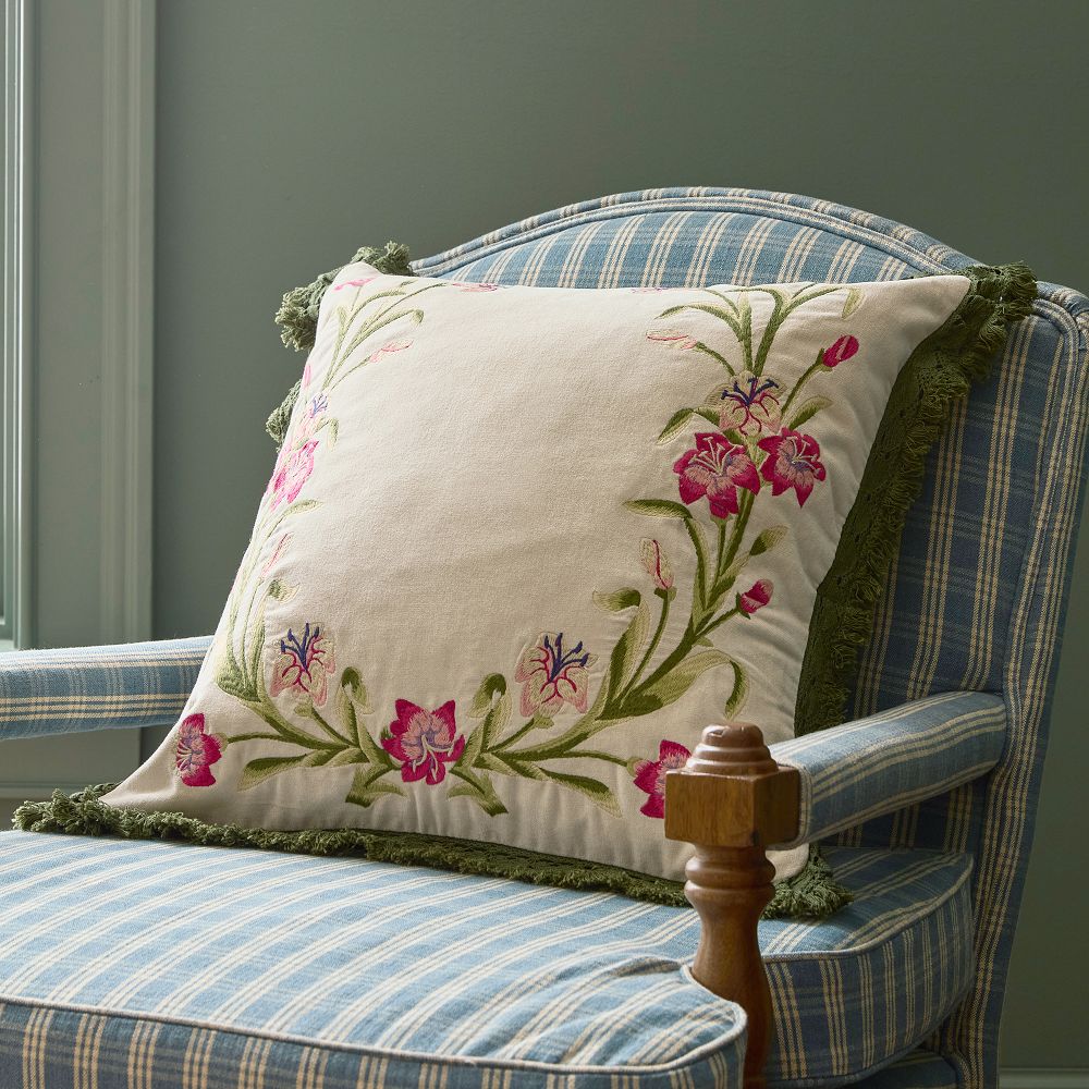 Pink Lily Velvet Embroidered Pillow Cover